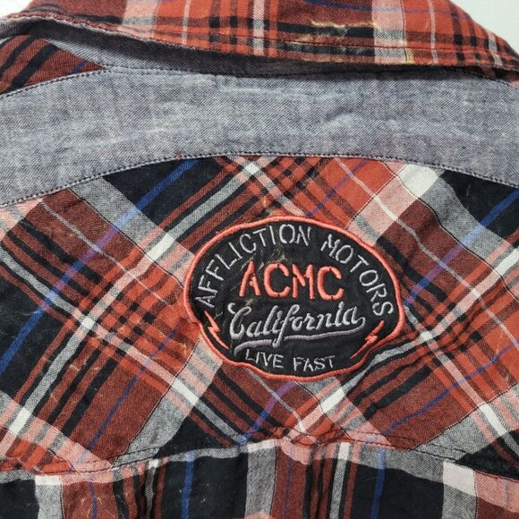 Affliction Flannel Shirt Grunge Garage Distressed Bleached Mens 2XL Snap Up - Picture 8 of 10